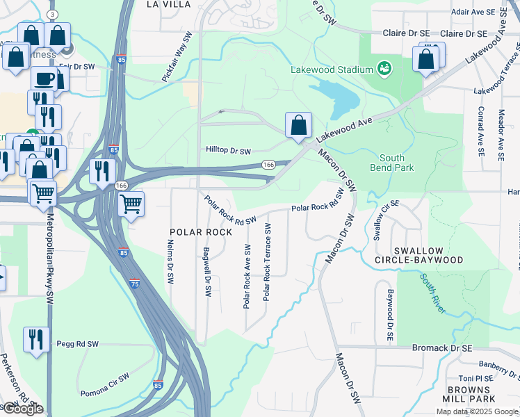 map of restaurants, bars, coffee shops, grocery stores, and more near 195 Polar Rock Road Southwest in Atlanta