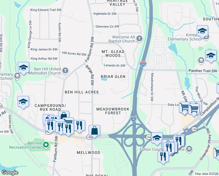 map of restaurants, bars, coffee shops, grocery stores, and more near 2149 Briar Glen Lane Southwest in Atlanta