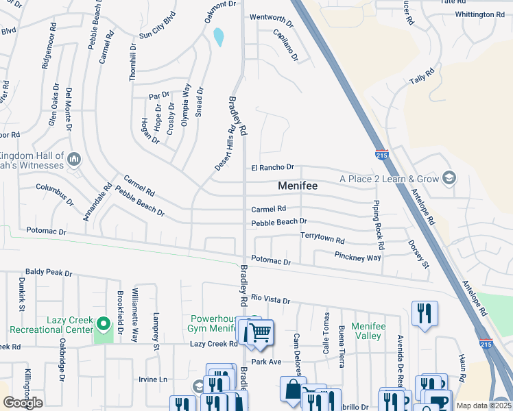 map of restaurants, bars, coffee shops, grocery stores, and more near 29744 Carmel Road in Menifee