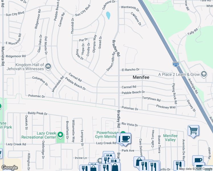 map of restaurants, bars, coffee shops, grocery stores, and more near 29590 Carmel Road in Menifee