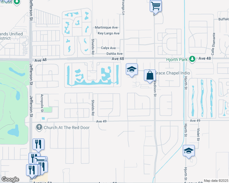 map of restaurants, bars, coffee shops, grocery stores, and more near 80676 Plum Lane in Indio