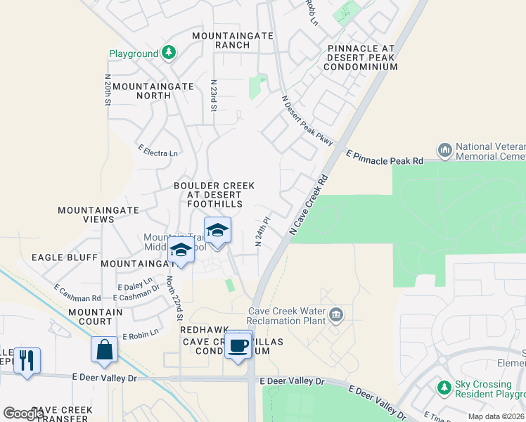 map of restaurants, bars, coffee shops, grocery stores, and more near 2425 East Paraiso Drive in Phoenix
