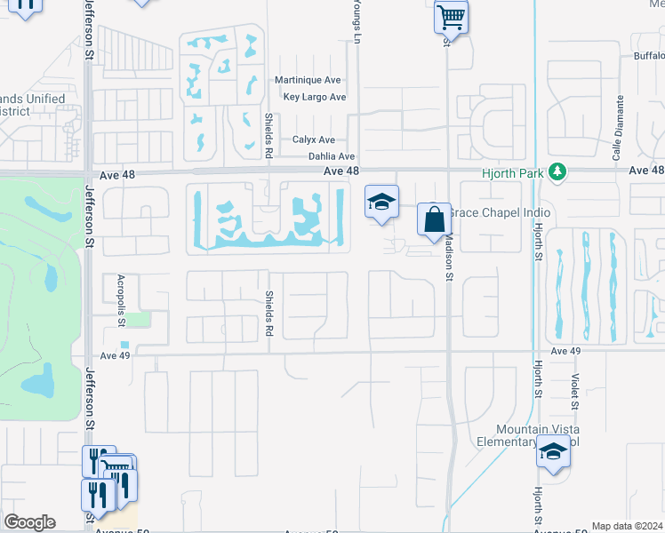 map of restaurants, bars, coffee shops, grocery stores, and more near 80676 Plum Lane in Indio