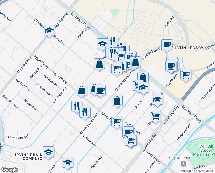 map of restaurants, bars, coffee shops, grocery stores, and more near 16795 Von Karman Avenue in Irvine