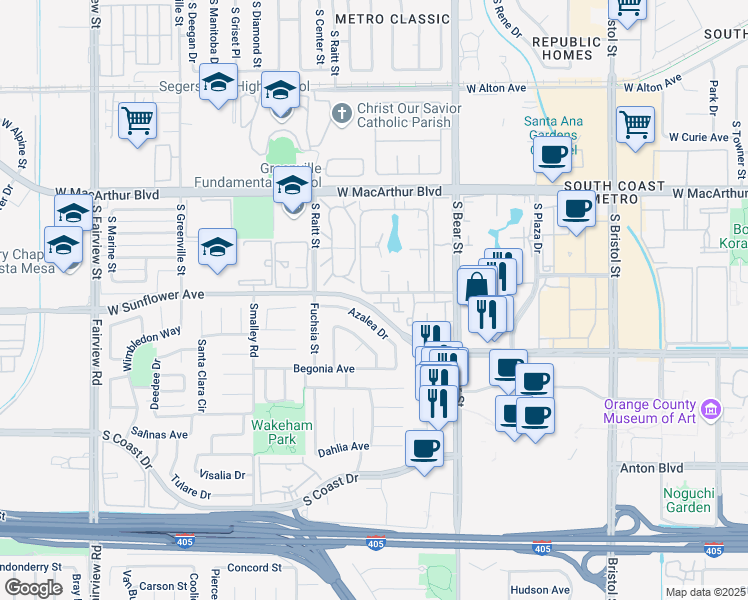 map of restaurants, bars, coffee shops, grocery stores, and more near 930 Hollow Brook Lane in Costa Mesa
