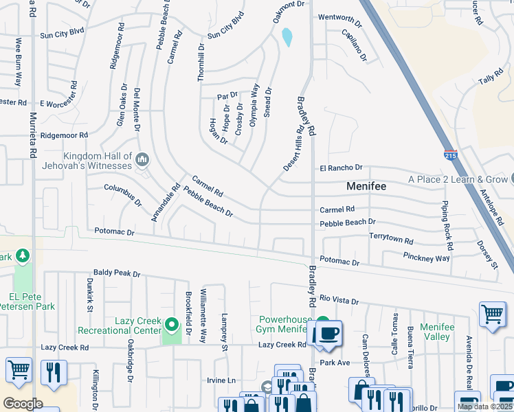 map of restaurants, bars, coffee shops, grocery stores, and more near 29247 Desert Hills Road in Menifee
