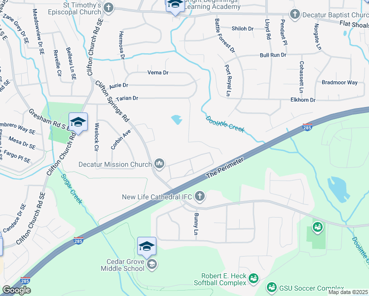 map of restaurants, bars, coffee shops, grocery stores, and more near 3139 Tarian Way in Decatur