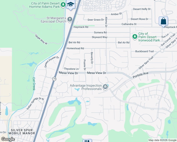 map of restaurants, bars, coffee shops, grocery stores, and more near 72836 Mesa View Drive in Palm Desert
