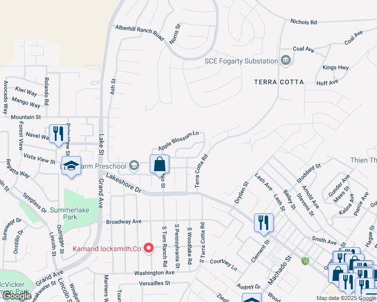 map of restaurants, bars, coffee shops, grocery stores, and more near 3508 Cherry Blossom Lane in Lake Elsinore