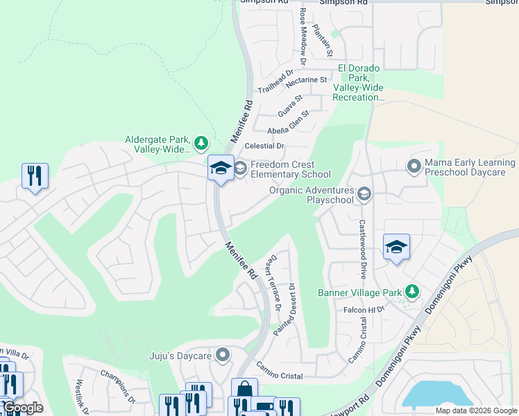 map of restaurants, bars, coffee shops, grocery stores, and more near 29236 Meandering Circle in Menifee
