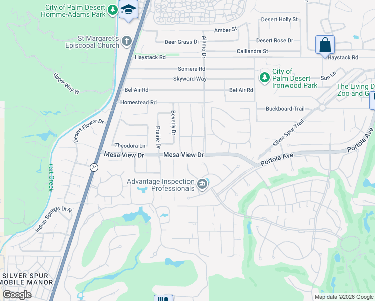 map of restaurants, bars, coffee shops, grocery stores, and more near 72930 Mesa View Drive in Palm Desert