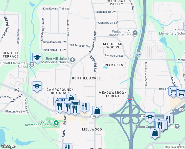 map of restaurants, bars, coffee shops, grocery stores, and more near 2143 Barge Road Southwest in Atlanta