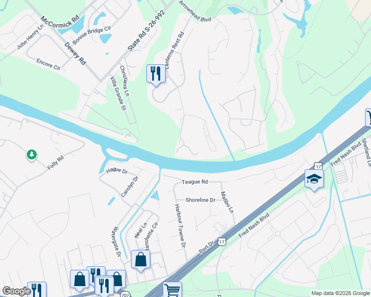 map of restaurants, bars, coffee shops, grocery stores, and more near 1530 Lanterns Rest Road in Myrtle Beach