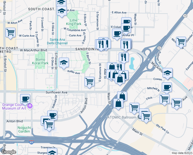 map of restaurants, bars, coffee shops, grocery stores, and more near 3814 South Sycamore Street in Santa Ana