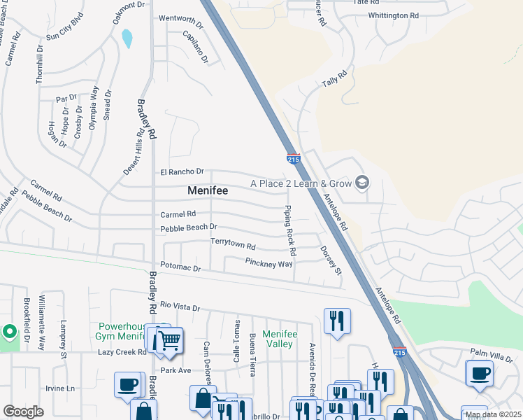 map of restaurants, bars, coffee shops, grocery stores, and more near 30001 Thornhill Drive in Menifee