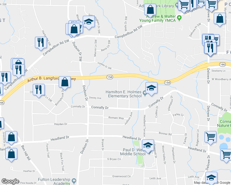 map of restaurants, bars, coffee shops, grocery stores, and more near 2167 Castlewood Street in Atlanta