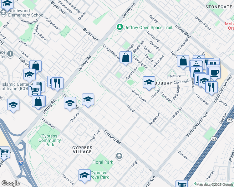 map of restaurants, bars, coffee shops, grocery stores, and more near 72 Sanctuary in Irvine