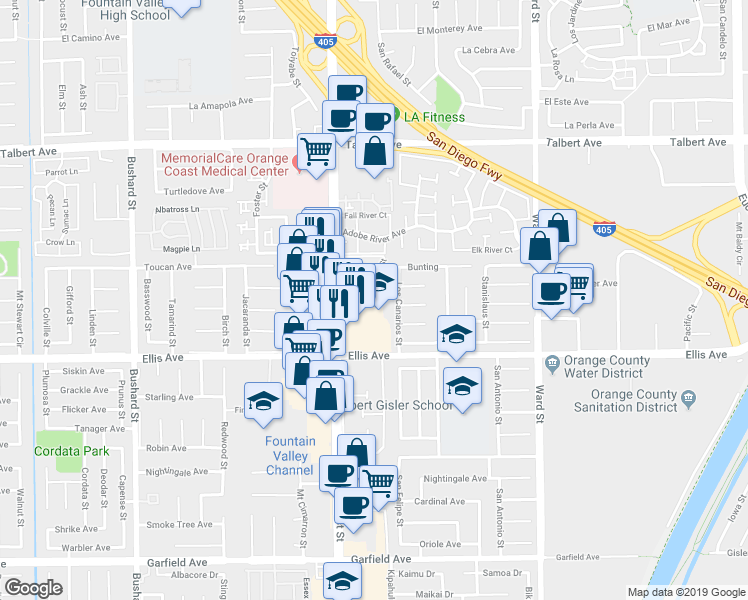 map of restaurants, bars, coffee shops, grocery stores, and more near 10097 Whippoorwill Avenue in Fountain Valley
