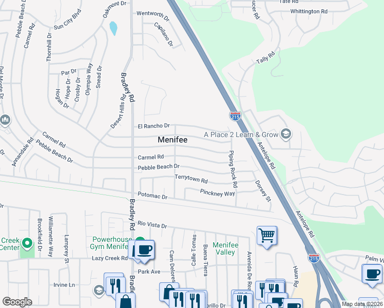 map of restaurants, bars, coffee shops, grocery stores, and more near 30022 Carmel Road in Menifee
