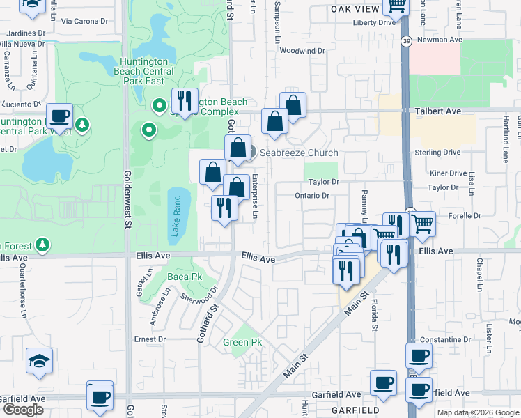map of restaurants, bars, coffee shops, grocery stores, and more near 18361 Carnaby Lane in Huntington Beach