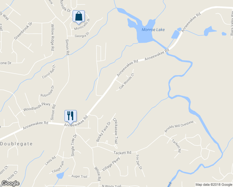 map of restaurants, bars, coffee shops, grocery stores, and more near 3990 Oak Woods Court in Douglasville