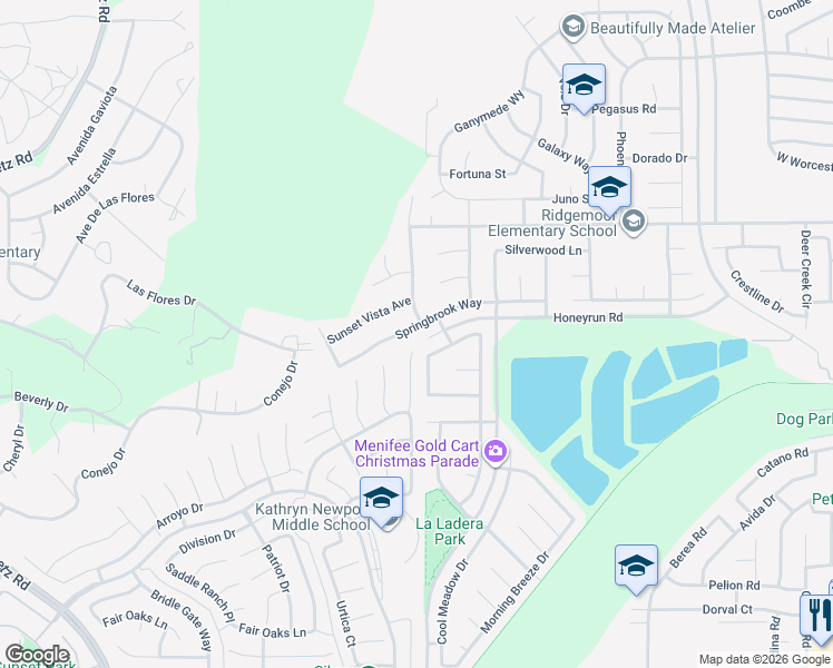 map of restaurants, bars, coffee shops, grocery stores, and more near 24961 Springbrook Way in Menifee