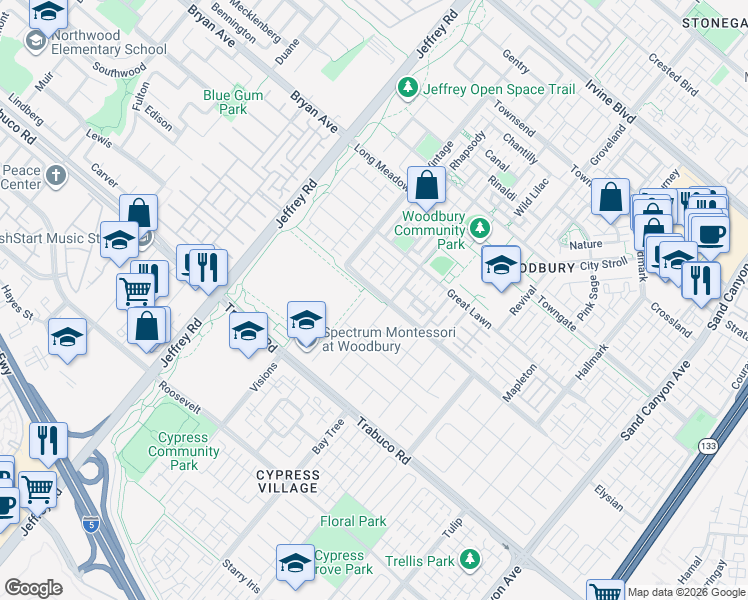 map of restaurants, bars, coffee shops, grocery stores, and more near 66 Eclipse in Irvine