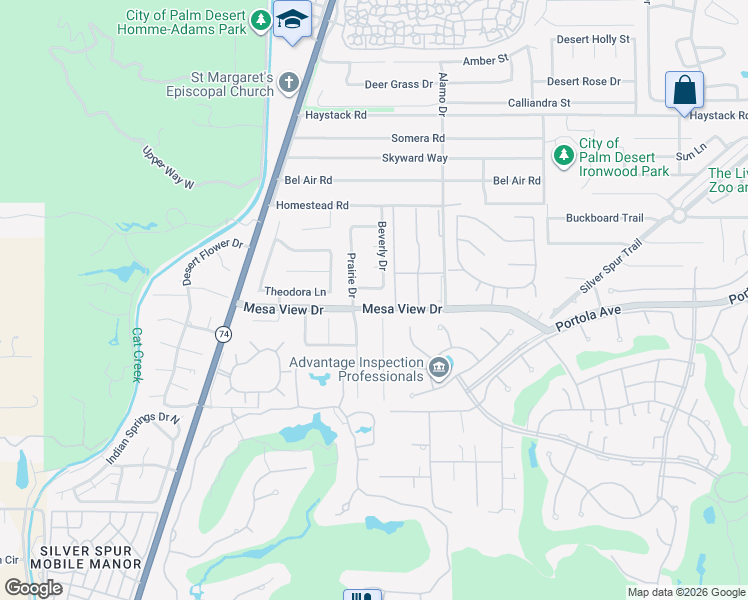 map of restaurants, bars, coffee shops, grocery stores, and more near 72836 Mesa View Drive in Palm Desert