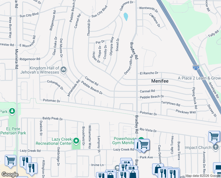 map of restaurants, bars, coffee shops, grocery stores, and more near 29247 Desert Hills Road in Menifee