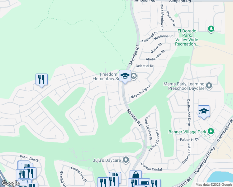 map of restaurants, bars, coffee shops, grocery stores, and more near 29185 Paradise Canyon Drive in Menifee