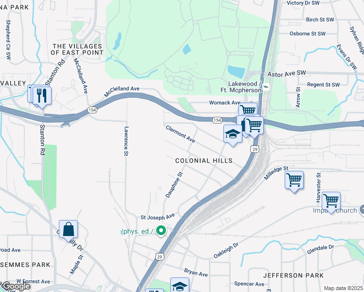 map of restaurants, bars, coffee shops, grocery stores, and more near 1453 Elizabeth Lane in Atlanta