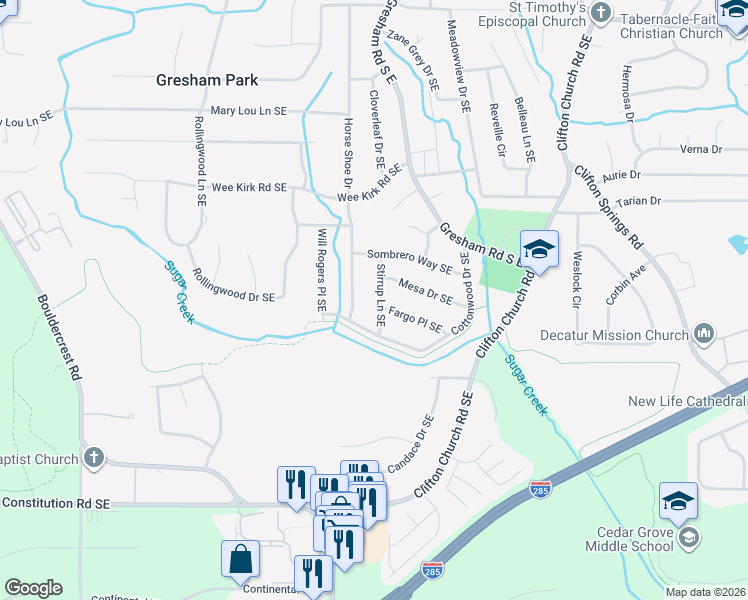 map of restaurants, bars, coffee shops, grocery stores, and more near 3061 Stirrup Lane Southeast in Atlanta