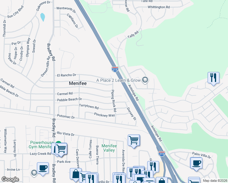 map of restaurants, bars, coffee shops, grocery stores, and more near 29250 Piping Rock Road in Menifee