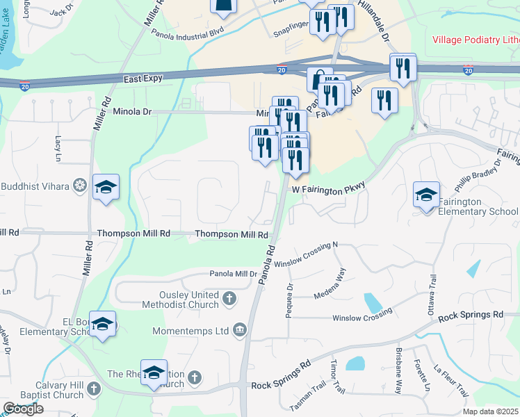 map of restaurants, bars, coffee shops, grocery stores, and more near 3101 Panola Road in Lithonia
