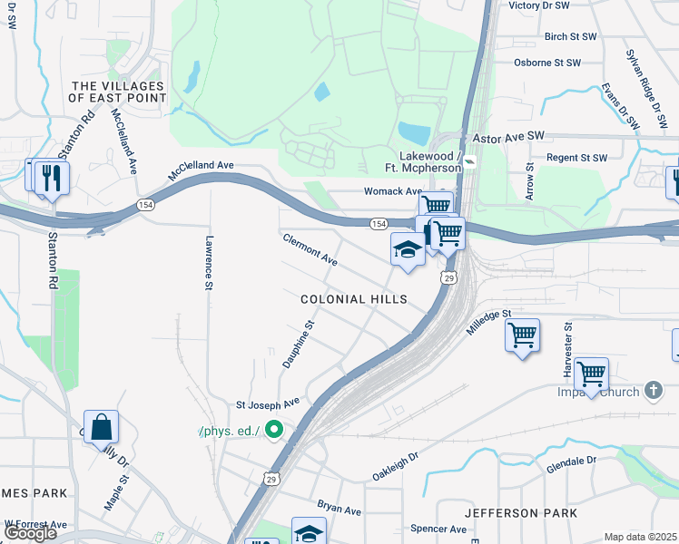 map of restaurants, bars, coffee shops, grocery stores, and more near 1408 Clermont Avenue in East Point