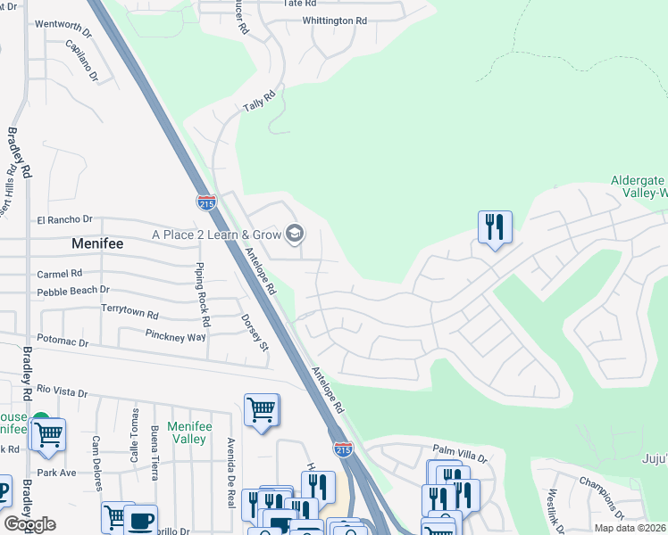map of restaurants, bars, coffee shops, grocery stores, and more near 27837 Bluff Vista Way in Menifee