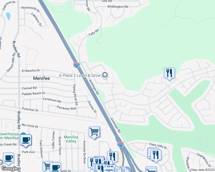 map of restaurants, bars, coffee shops, grocery stores, and more near 27753 Bluff Vista Way in Menifee