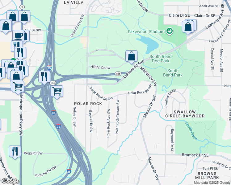 map of restaurants, bars, coffee shops, grocery stores, and more near 189 Polar Rock Road Southwest in Atlanta
