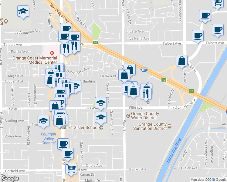 map of restaurants, bars, coffee shops, grocery stores, and more near 10439 Sioux River Circle in Fountain Valley