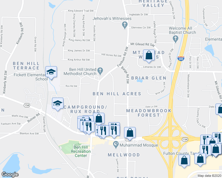map of restaurants, bars, coffee shops, grocery stores, and more near 2141 Pemberton Road Southwest in Atlanta