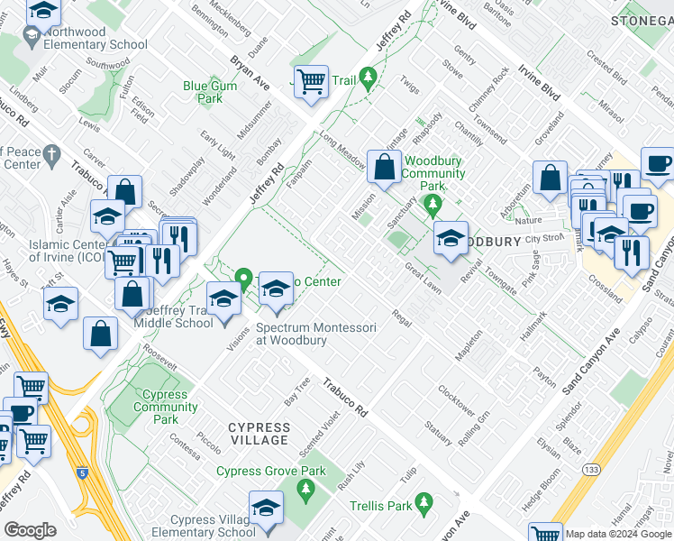 map of restaurants, bars, coffee shops, grocery stores, and more near 66 Eclipse in Irvine