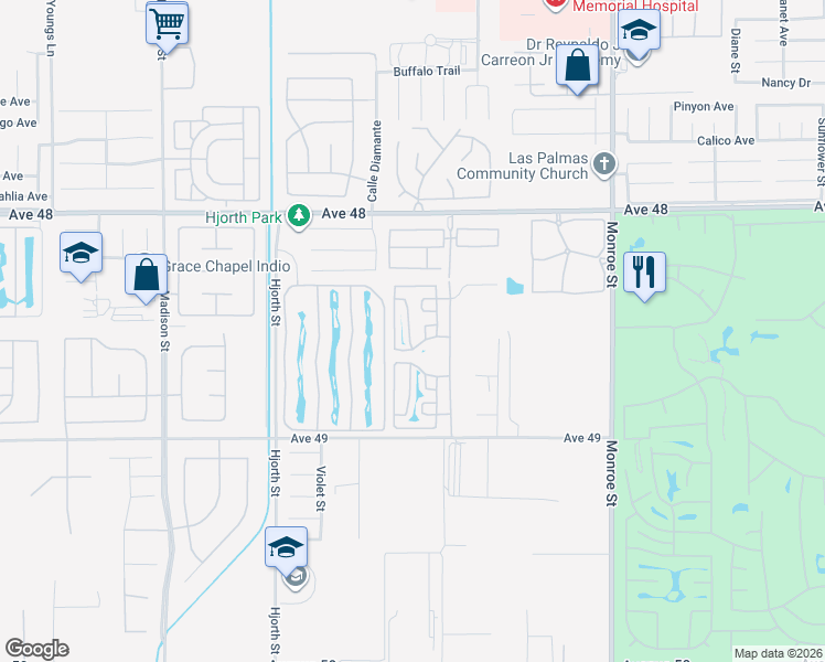 map of restaurants, bars, coffee shops, grocery stores, and more near Mountain View South in Indio