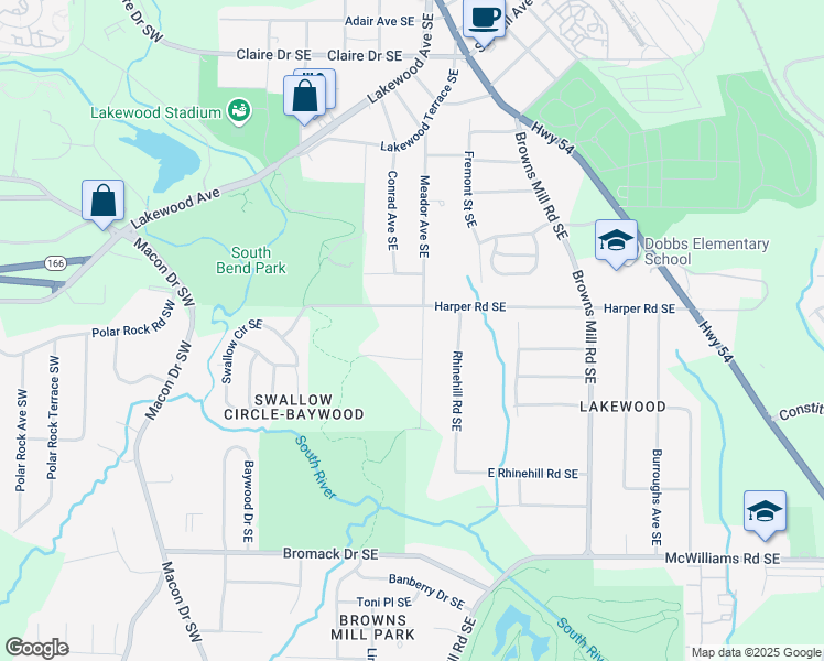 map of restaurants, bars, coffee shops, grocery stores, and more near 2135 Meador Avenue Southeast in Atlanta