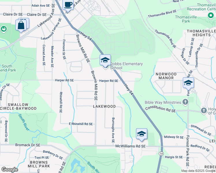 map of restaurants, bars, coffee shops, grocery stores, and more near 2126 Jernigan Drive Southeast in Atlanta