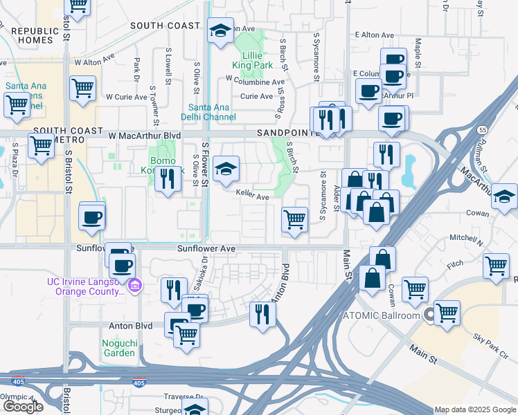 map of restaurants, bars, coffee shops, grocery stores, and more near 3805 South Ross Street in Santa Ana