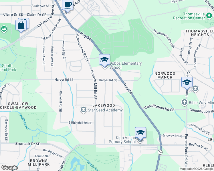 map of restaurants, bars, coffee shops, grocery stores, and more near 2130 Jernigan Drive Southeast in Atlanta