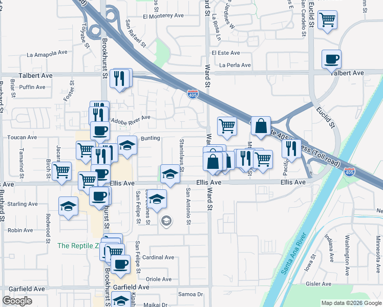 map of restaurants, bars, coffee shops, grocery stores, and more near 10439 Sioux River Circle in Fountain Valley