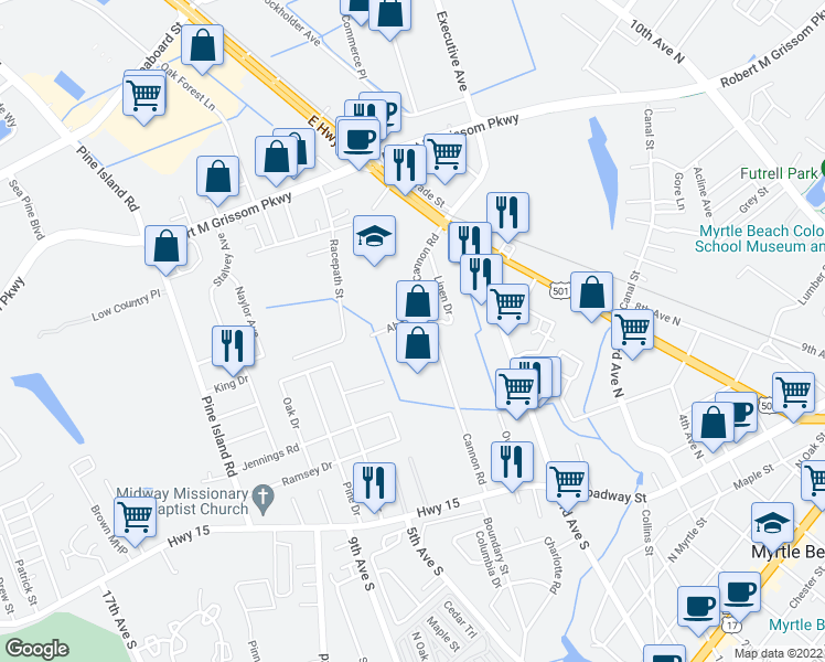 map of restaurants, bars, coffee shops, grocery stores, and more near 1415 Cannon Road in Myrtle Beach