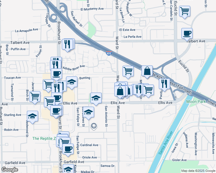 map of restaurants, bars, coffee shops, grocery stores, and more near 10439 Sioux River Circle in Fountain Valley