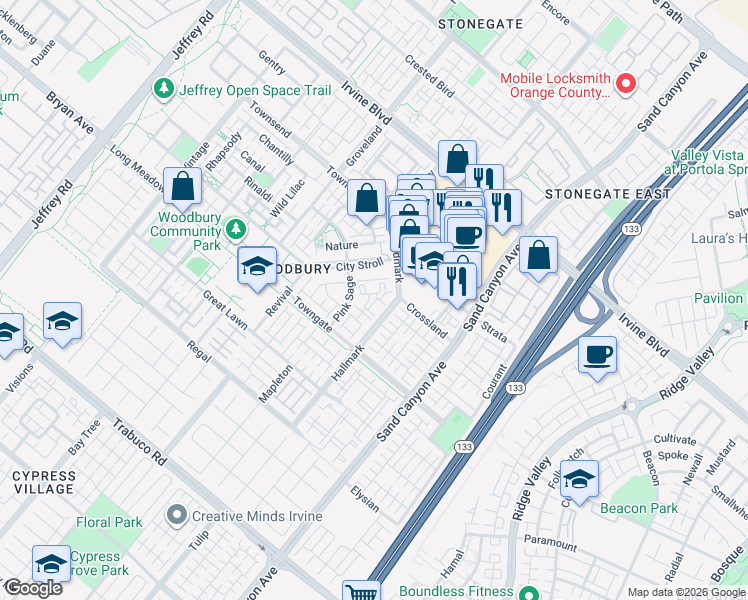 map of restaurants, bars, coffee shops, grocery stores, and more near 213 Pink Sage in Irvine